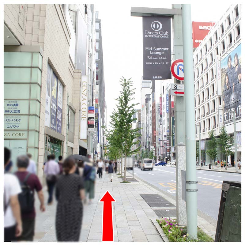 出口を上がったらそのまま直進します。(左手にGINZA SIX、銀座ライオンビヤホールを見ながら直進してください)